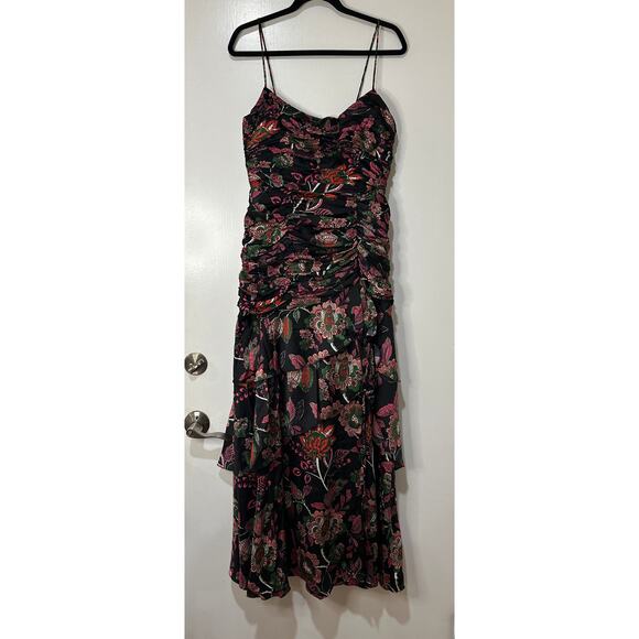 Hutch Tisha Ruched Maxi Dress Black Floral Multi Size 10 NWT Tiered Skirt w Slit - Picture 2 of 16